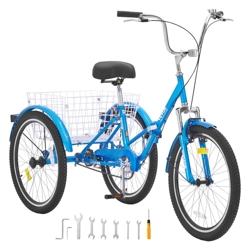 VEVOR Folding Adult Tricycle, 24-Inch Adult Folding Trikes, Carbon Steel 3 Wheel Cruiser Bike with Large Basket & Adjustable Seat, Shopping Picnic Foldable Tricycles for Women, Men, Seniors (Blue) 