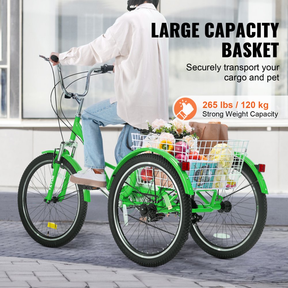 VEVOR Folding Adult Tricycle, 26-Inch 7-Speed Adult Folding Trikes, Carbon Steel 3 Wheel Cruiser Bike with Basket & Adjustable Seat, Shopping Picnic Foldable Tricycles for Women, Men, Seniors (Green) 