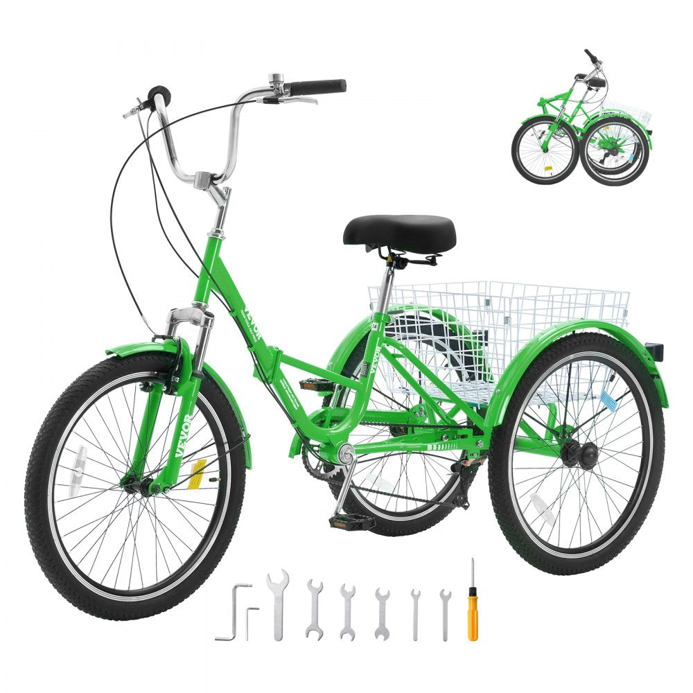VEVOR Folding Adult Tricycle, 26-Inch 7-Speed Adult Folding Trikes, Carbon Steel 3 Wheel Cruiser Bike with Basket & Adjustable Seat, Shopping Picnic Foldable Tricycles for Women, Men, Seniors (Green) 