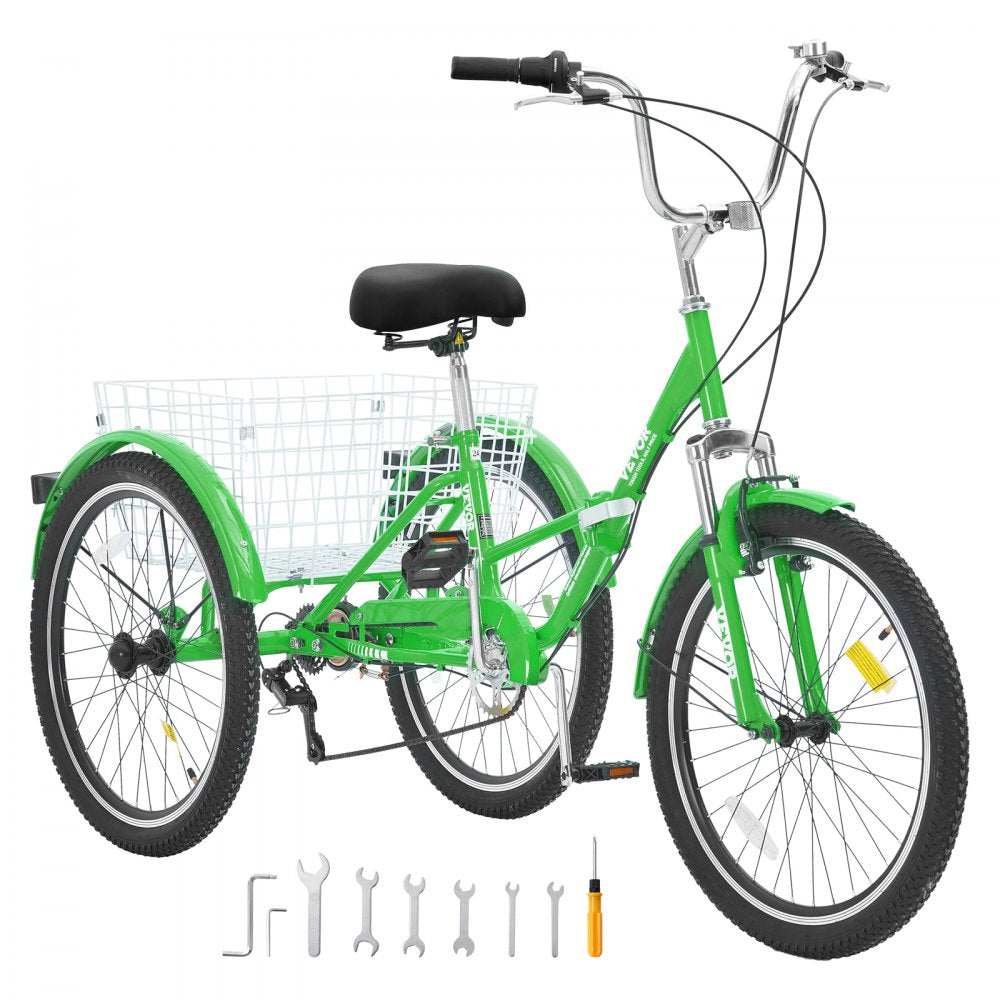 VEVOR Folding Adult Tricycle, 26-Inch 7-Speed Adult Folding Trikes, Carbon Steel 3 Wheel Cruiser Bike with Basket & Adjustable Seat, Shopping Picnic Foldable Tricycles for Women, Men, Seniors (Green) 