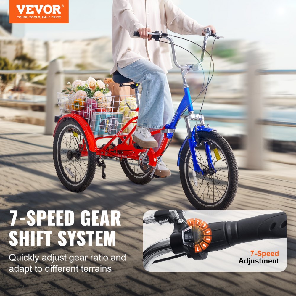 VEVOR Folding Adult Tricycle, 20-Inch 7-Speed Adult Folding Trikes, Carbon Steel 3 Wheel Cruiser Bike with Large Basket & Adjustable Seat, Shopping Picnic Foldable Tricycles for Women, Men, Seniors 