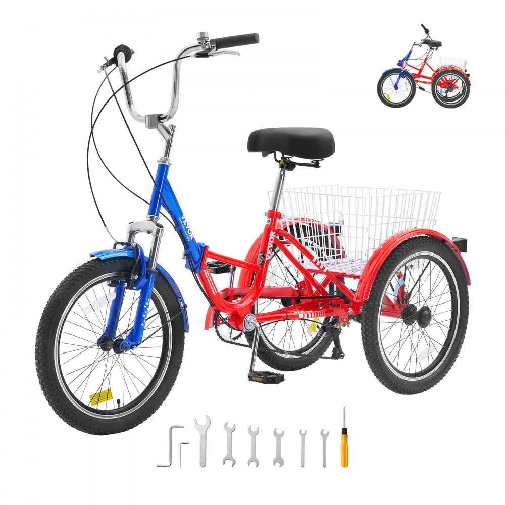 VEVOR Folding Adult Tricycle, 20-Inch 7-Speed Adult Folding Trikes, Carbon Steel 3 Wheel Cruiser Bike with Large Basket & Adjustable Seat, Shopping Picnic Foldable Tricycles for Women, Men, Seniors 
