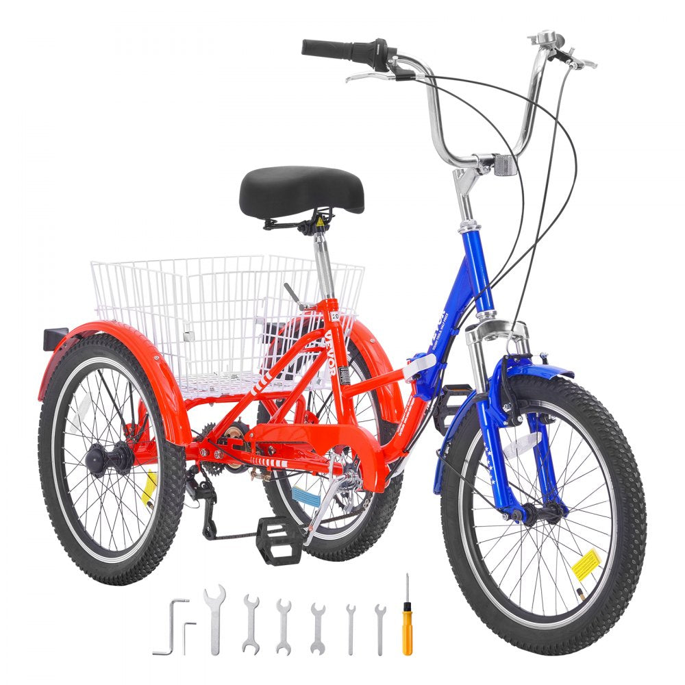 VEVOR Folding Adult Tricycle, 20-Inch 7-Speed Adult Folding Trikes, Carbon Steel 3 Wheel Cruiser Bike with Large Basket & Adjustable Seat, Shopping Picnic Foldable Tricycles for Women, Men, Seniors 