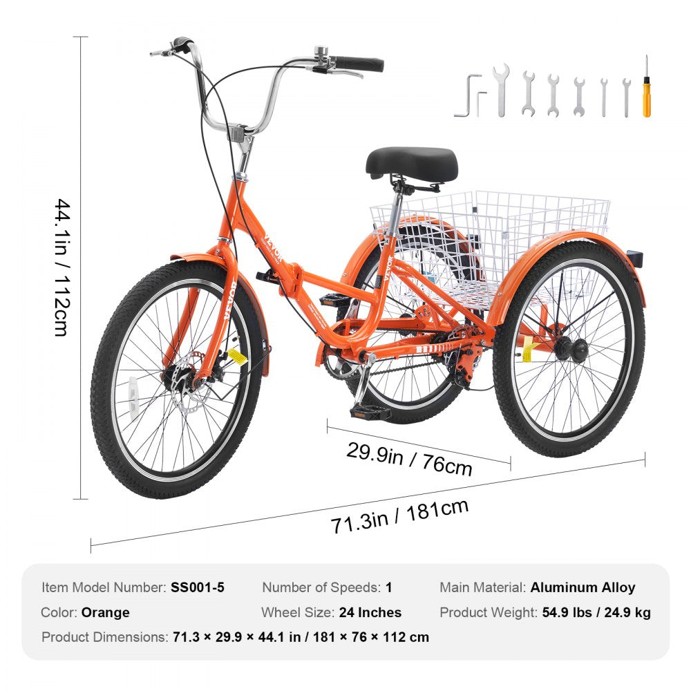 VEVOR Folding Adult Tricycle, 24-Inch Adult Folding Trikes, Lightweight Aluminum Alloy 3 Wheel Cruiser Bike with Large Rear Basket, Shopping Picnic Foldable Tricycles for Adults, Women, Men, Seniors 