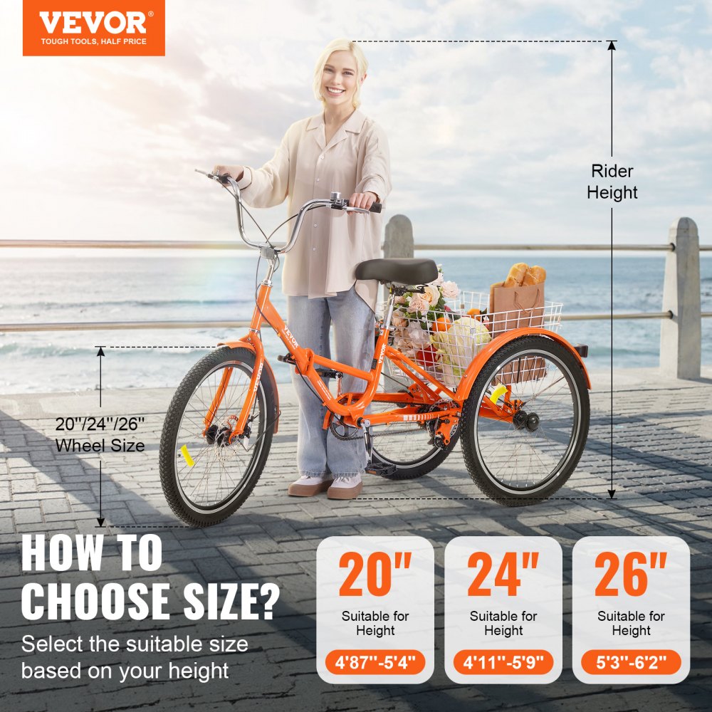 VEVOR Folding Adult Tricycle, 26-Inch Adult Folding Trikes, Lightweight Aluminum Alloy 3 Wheel Cruiser Bike with Large Rear Basket, Shopping Picnic Foldable Tricycles for Adults, Women, Men, Seniors 