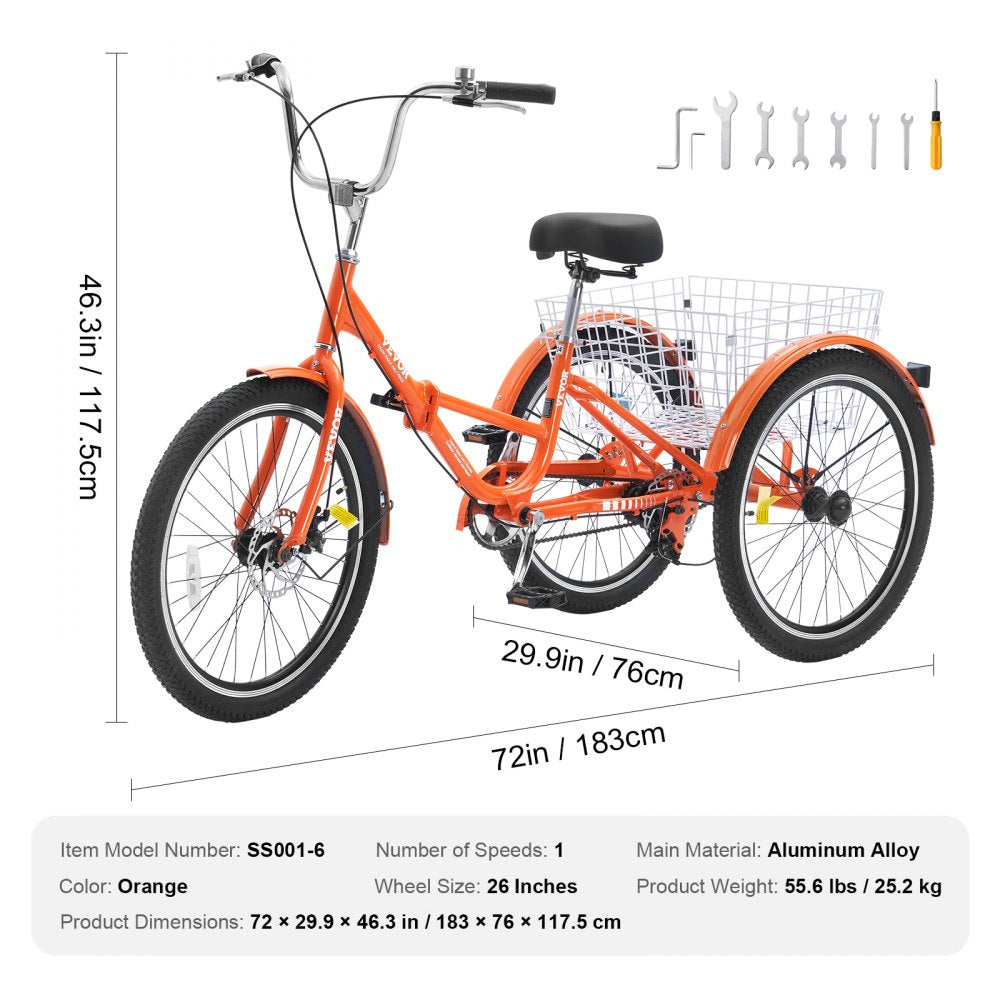 VEVOR Folding Adult Tricycle, 26-Inch Adult Folding Trikes, Lightweight Aluminum Alloy 3 Wheel Cruiser Bike with Large Rear Basket, Shopping Picnic Foldable Tricycles for Adults, Women, Men, Seniors 