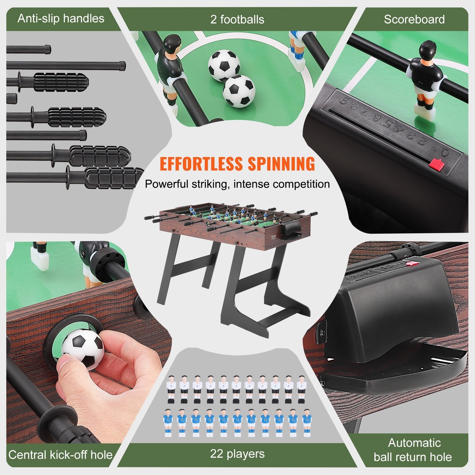 VEVOR Folding Foosball Table, 42 inch Standard Size Foosball Table, Indoor Full Size Foosball Table for Home, Family, and Game Room, Soccer with Foosball Table Set, Includes 2 Balls 