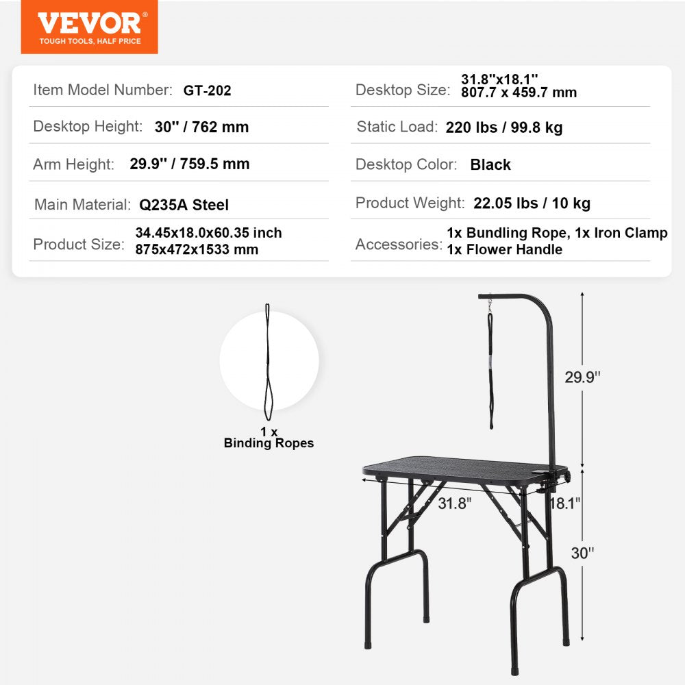 VEVOR Pet Grooming Table Arm with Clamp, 32''x18'' Dog Grooming Station, Foldable Pets Grooming Stand for Medium and Small Dogs, Free No Sit Haunch Holder with Grooming Loop, Bearing 220lbs 