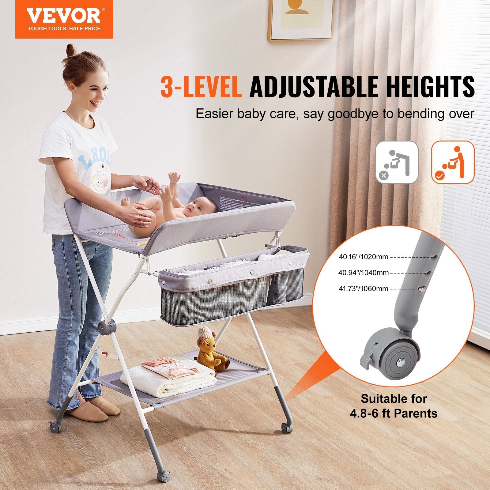 VEVOR Baby Changing Table, Folding Diaper Changing Station with Lockable Wheels, Portable Changing Table 3-level Adjustable Heights, with Storage Basket & Hanging Racks for Newborns & Infant 