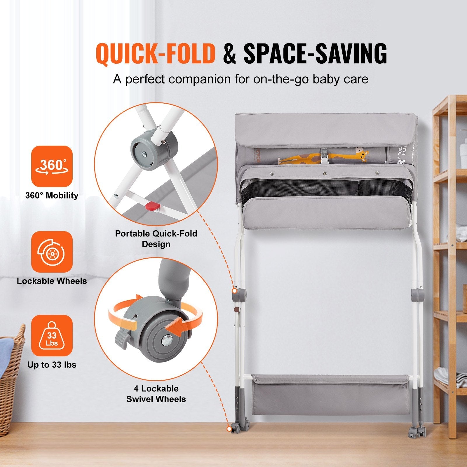VEVOR Baby Changing Table, Folding Diaper Changing Station with Lockable Wheels, Portable Changing Table 3-level Adjustable Heights, with Storage Basket & Hanging Racks for Newborns & Infant 