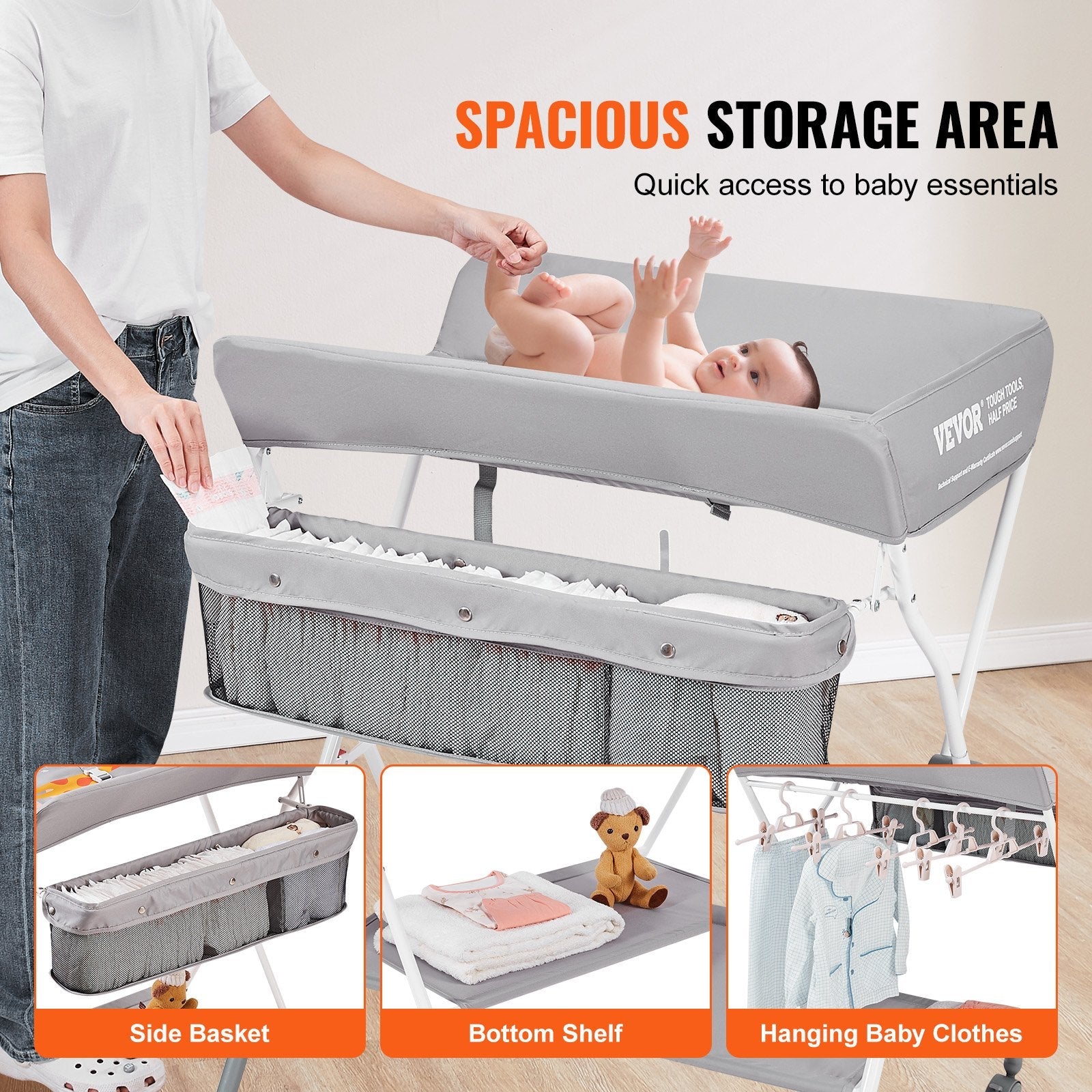 VEVOR Baby Changing Table, Folding Diaper Changing Station with Lockable Wheels, Portable Changing Table 3-level Adjustable Heights, with Storage Basket & Hanging Racks for Newborns & Infant 