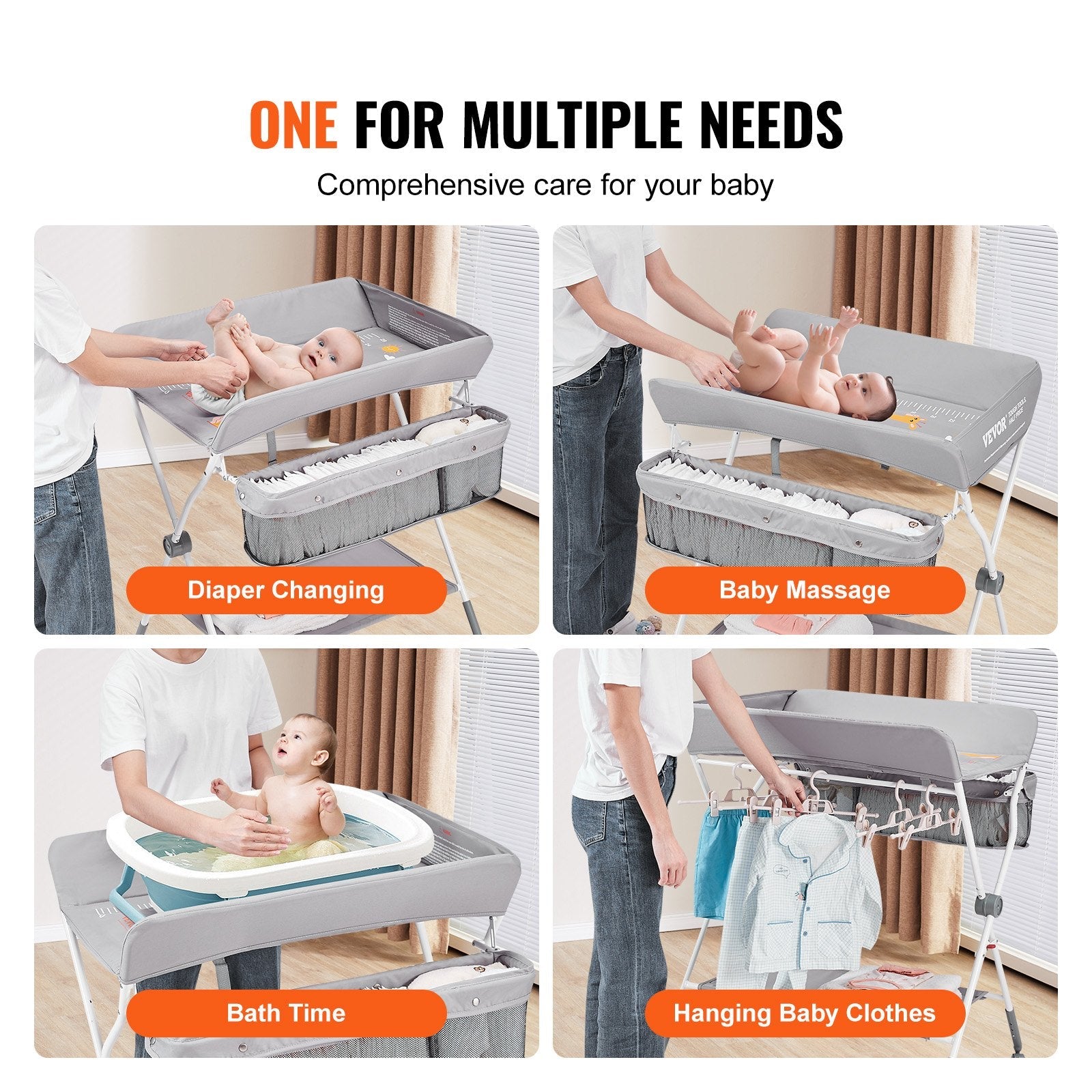VEVOR Baby Changing Table, Folding Diaper Changing Station with Lockable Wheels, Portable Changing Table 3-level Adjustable Heights, with Storage Basket & Hanging Racks for Newborns & Infant 
