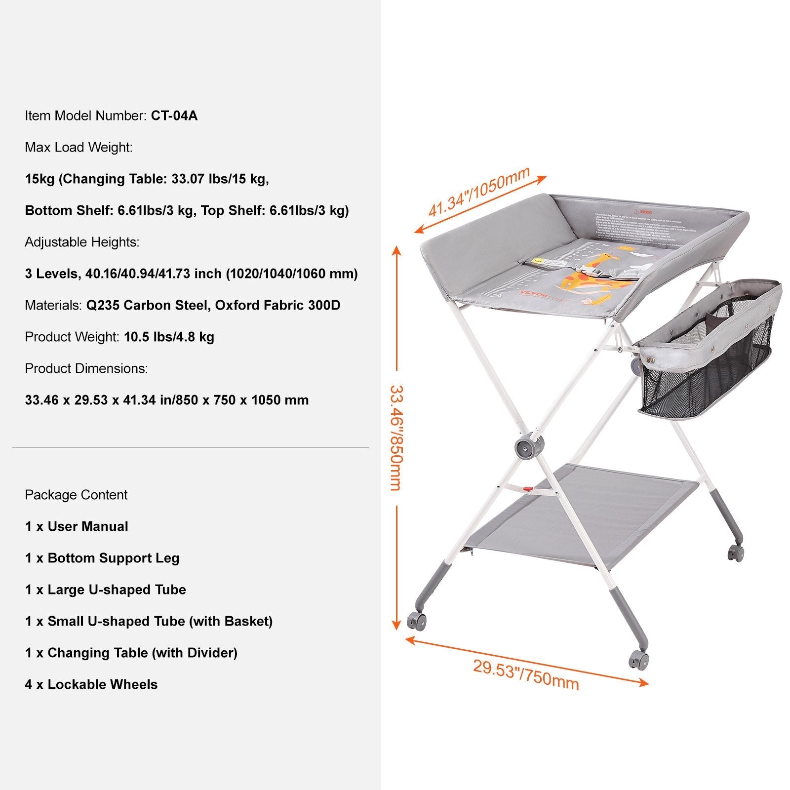 VEVOR Baby Changing Table, Folding Diaper Changing Station with Lockable Wheels, Portable Changing Table 3-level Adjustable Heights, with Storage Basket & Hanging Racks for Newborns & Infant 