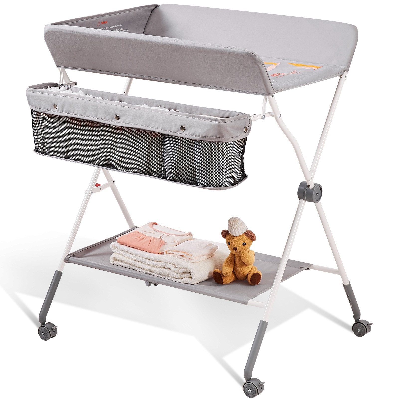 VEVOR Baby Changing Table, Folding Diaper Changing Station with Lockable Wheels, Portable Changing Table 3-level Adjustable Heights, with Storage Basket & Hanging Racks for Newborns & Infant 