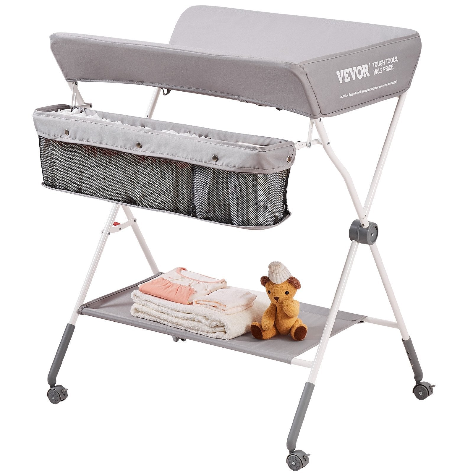 VEVOR Baby Changing Table, Folding Diaper Changing Station with Lockable Wheels, Portable Changing Table 3-level Adjustable Heights, with Storage Basket & Hanging Racks for Newborns & Infant 