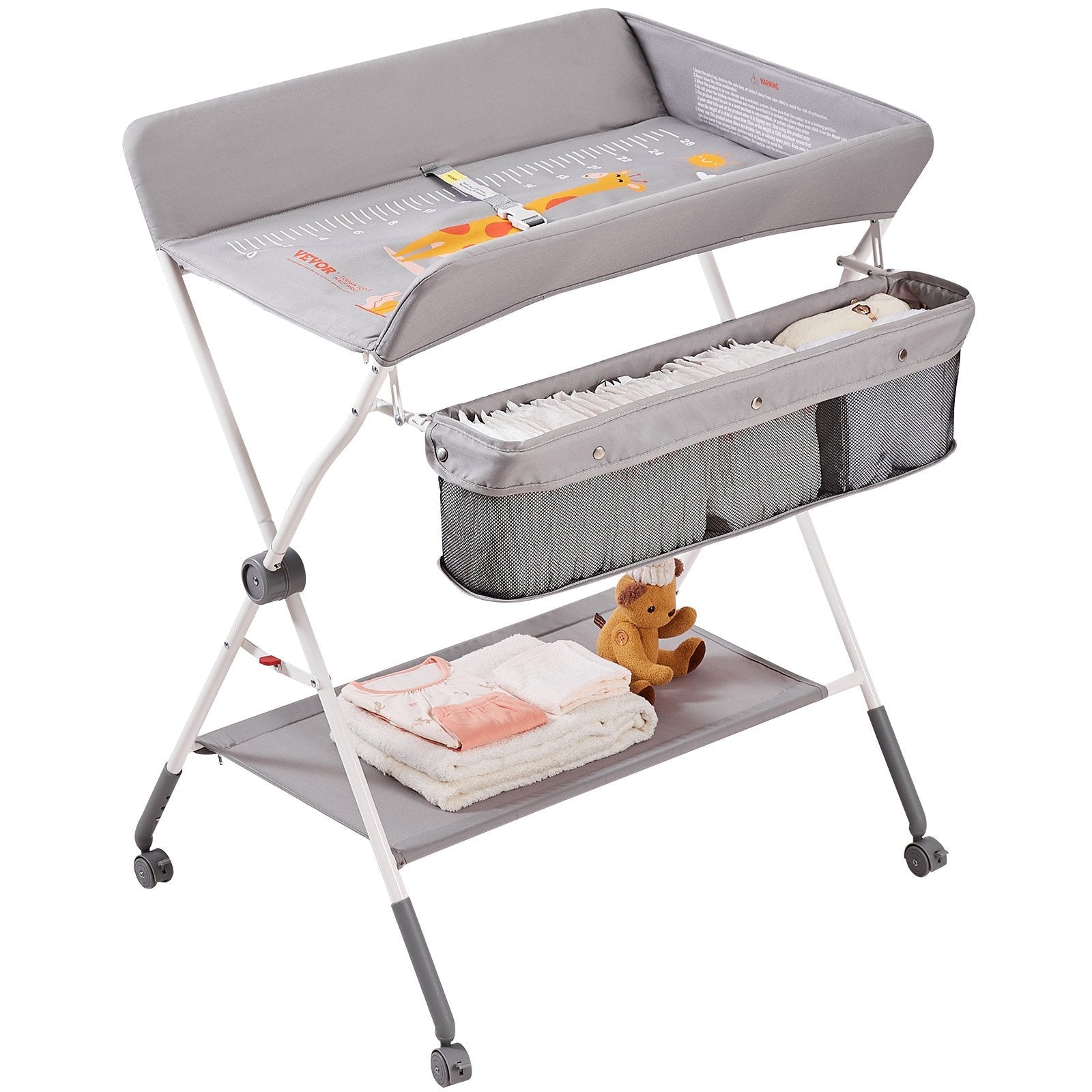 VEVOR Baby Changing Table, Folding Diaper Changing Station with Lockable Wheels, Portable Changing Table 3-level Adjustable Heights, with Storage Basket & Hanging Racks for Newborns & Infant 
