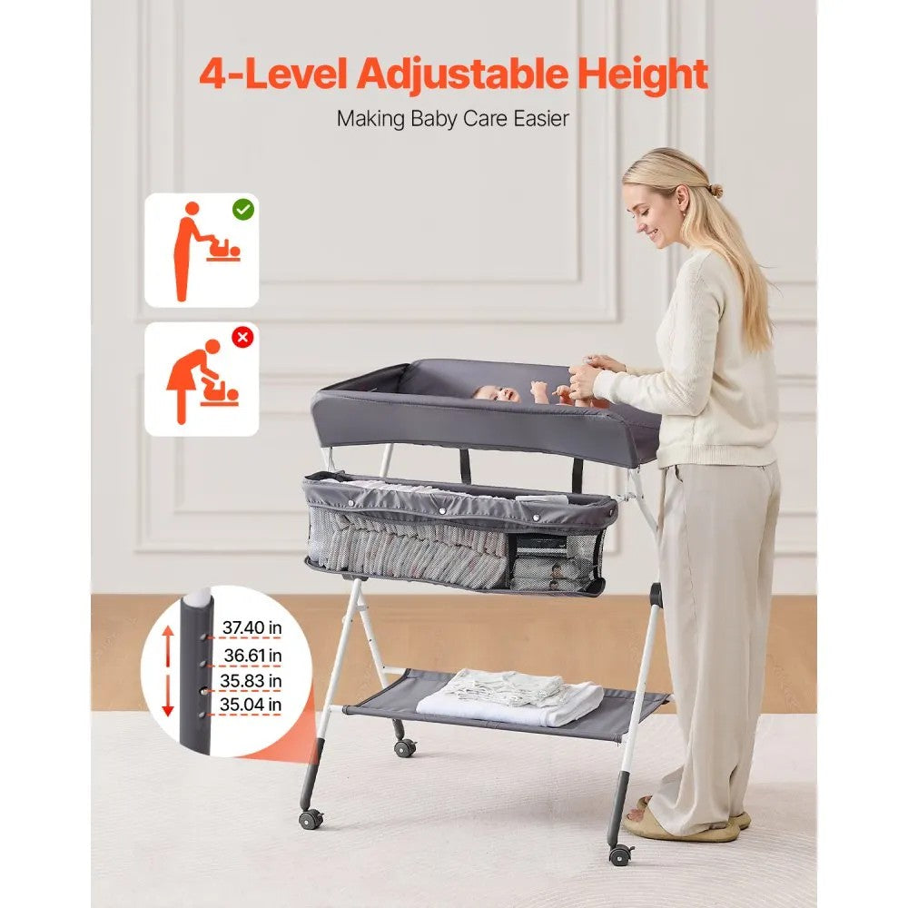 VEVOR Foldable Baby Changing Diaper Station with Side Basket & Wheels Dark Gray 