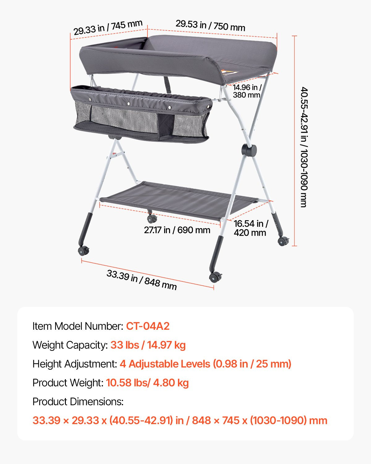 VEVOR Foldable Baby Changing Diaper Station with Side Basket & Wheels Dark Gray 