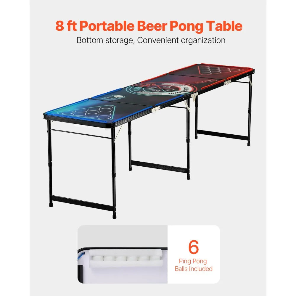 8 ft Portable LED Beer Pong Table with Adjustable Height, Foldable Design, Carry Handles & 6 Ping Pong Balls