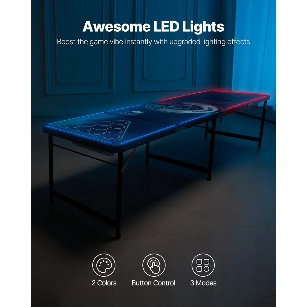 8 ft Portable LED Beer Pong Table with Adjustable Height, Foldable Design, Carry Handles & 6 Ping Pong Balls