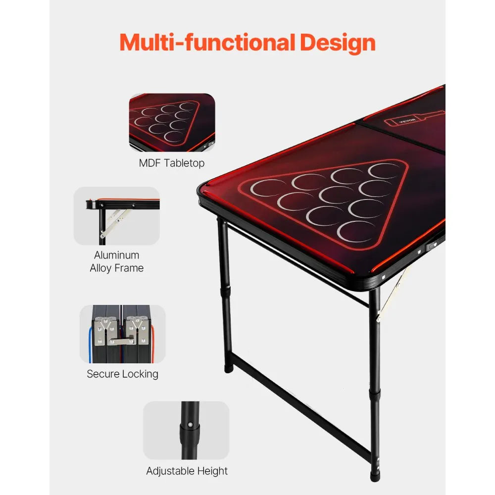 8 ft Portable LED Beer Pong Table with Adjustable Height, Foldable Design, Carry Handles & 6 Ping Pong Balls