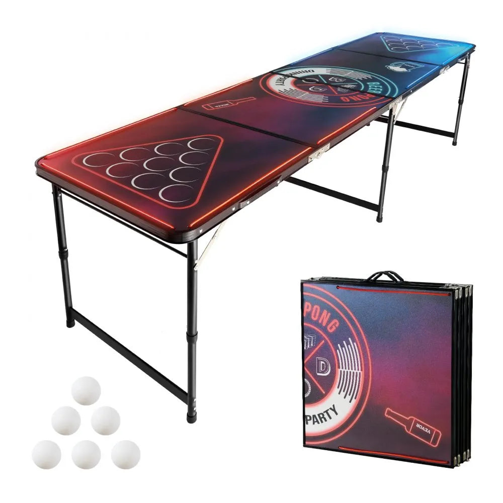 8 ft Portable LED Beer Pong Table with Adjustable Height, Foldable Design, Carry Handles & 6 Ping Pong Balls