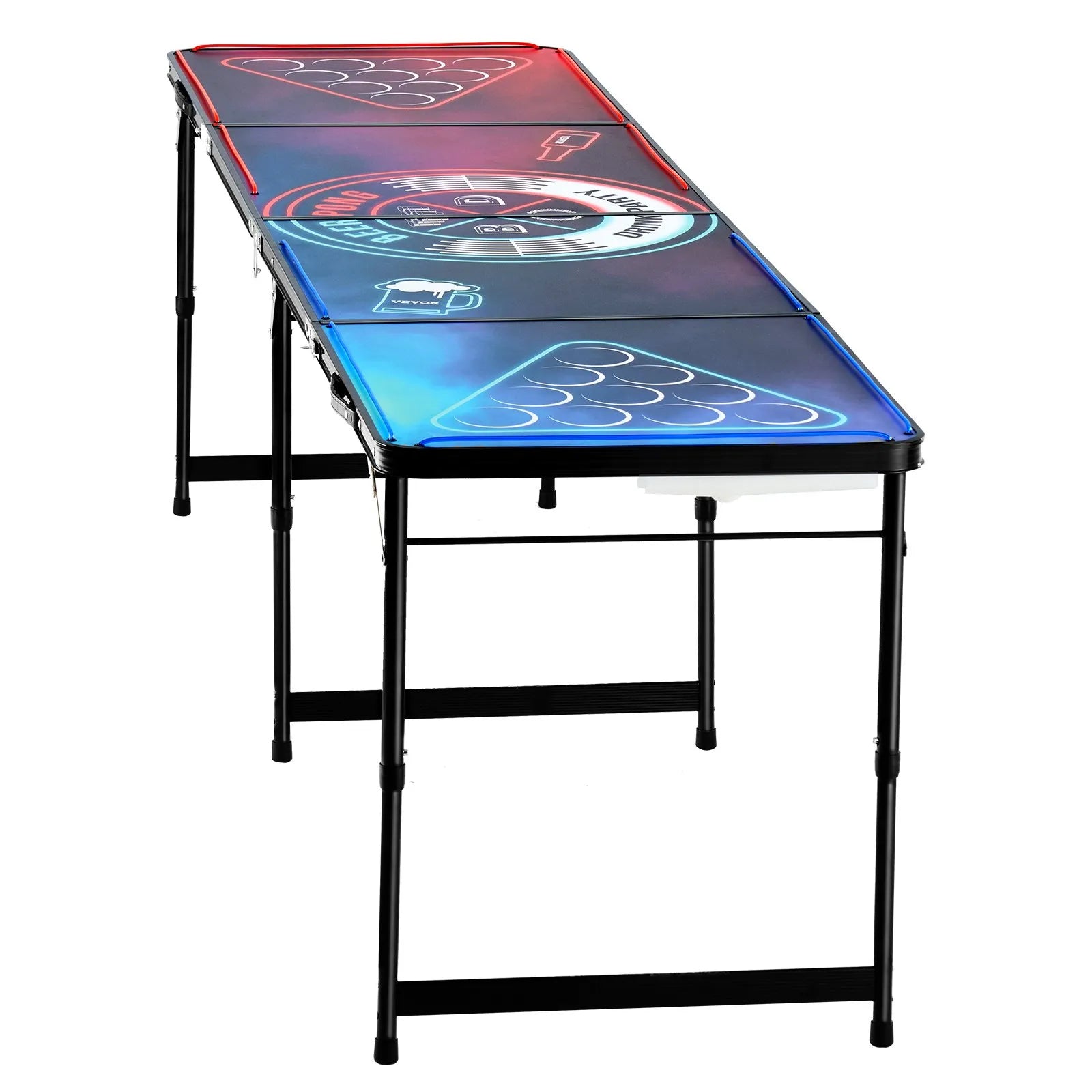 8 ft Portable LED Beer Pong Table with Adjustable Height, Foldable Design, Carry Handles & 6 Ping Pong Balls