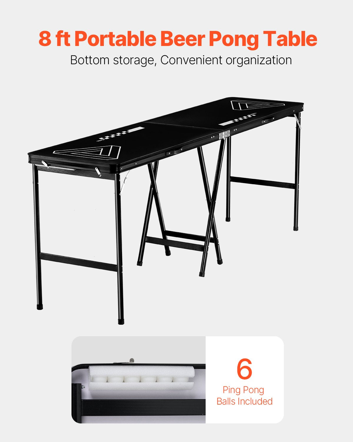 VEVOR 8' Portable Beer Pong Tailgate Table Party Drinking Game Carrying Handle 