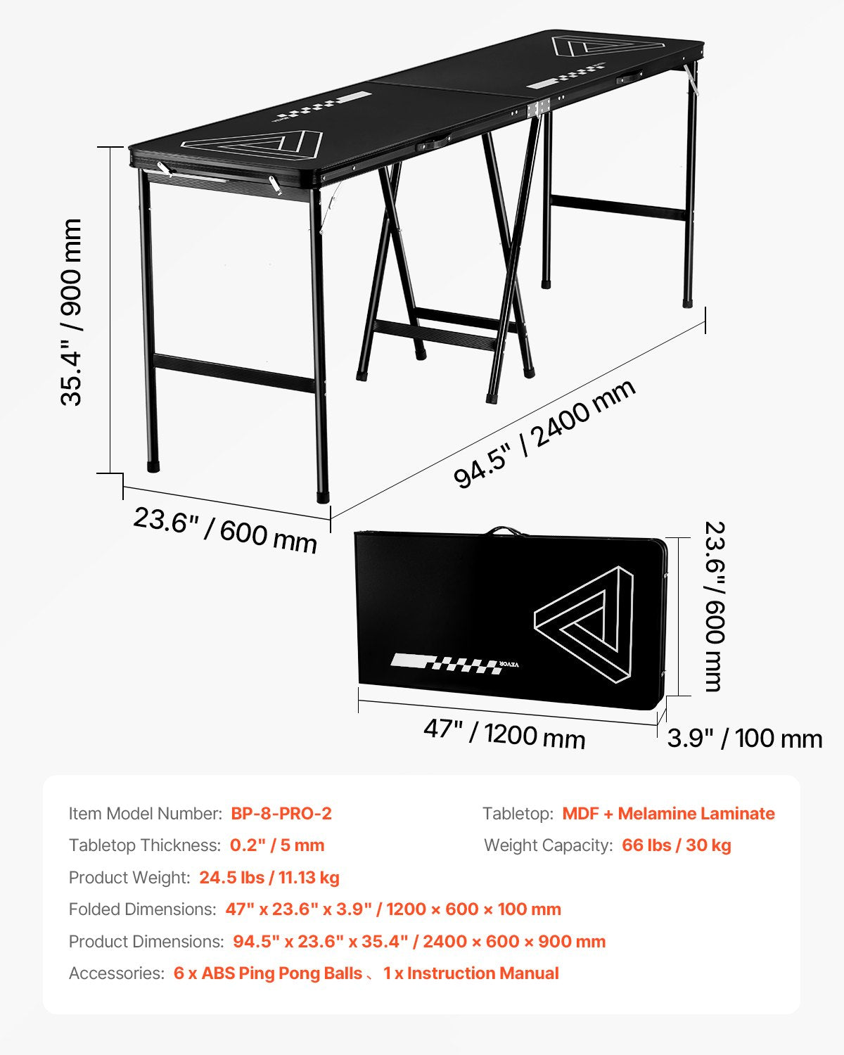 VEVOR 8' Portable Beer Pong Tailgate Table Party Drinking Game Carrying Handle 