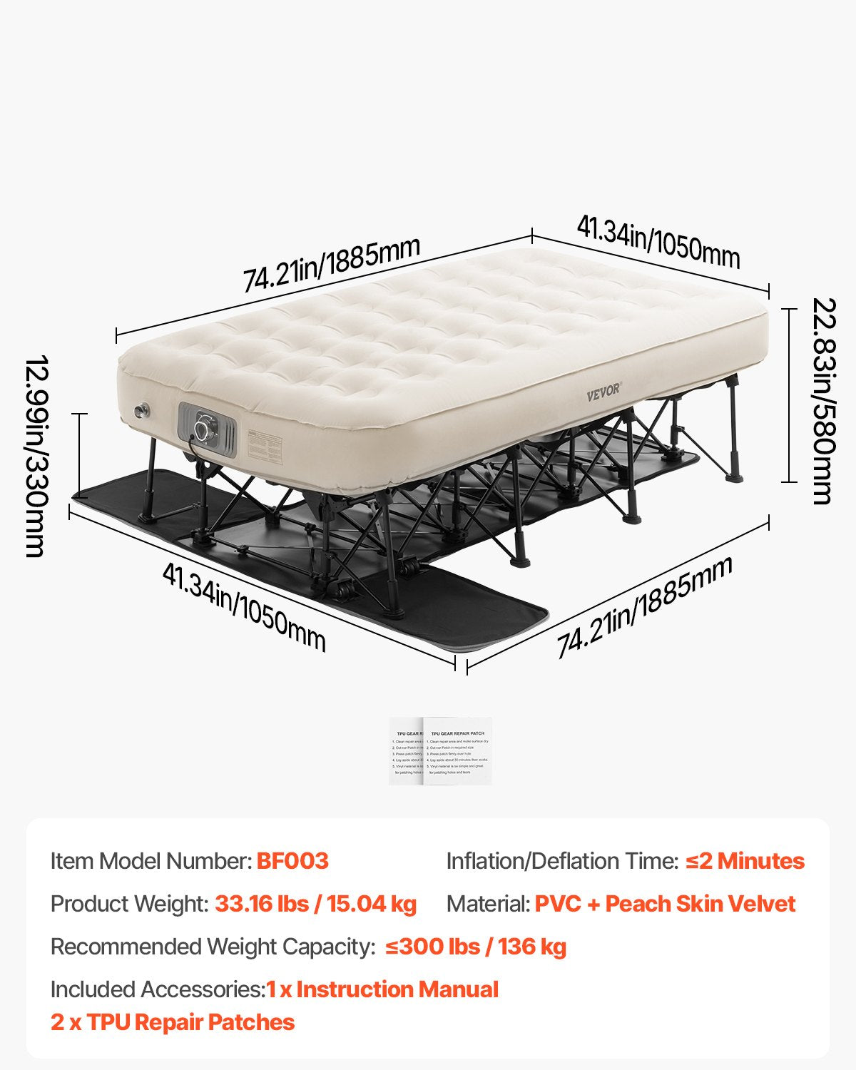 VEVOR Air Mattress with Frame & Built-in Pump 1 Person Inflatable Mattress 300lb 