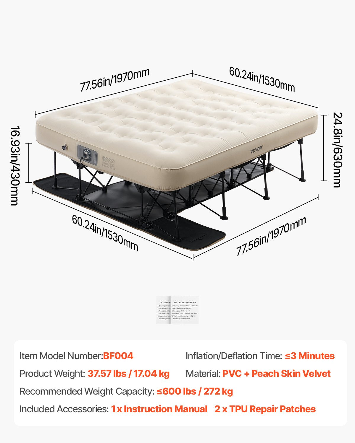 VEVOR Air Mattress with Frame & Pump 2 Person Inflatable Camping Cot 600lbs 