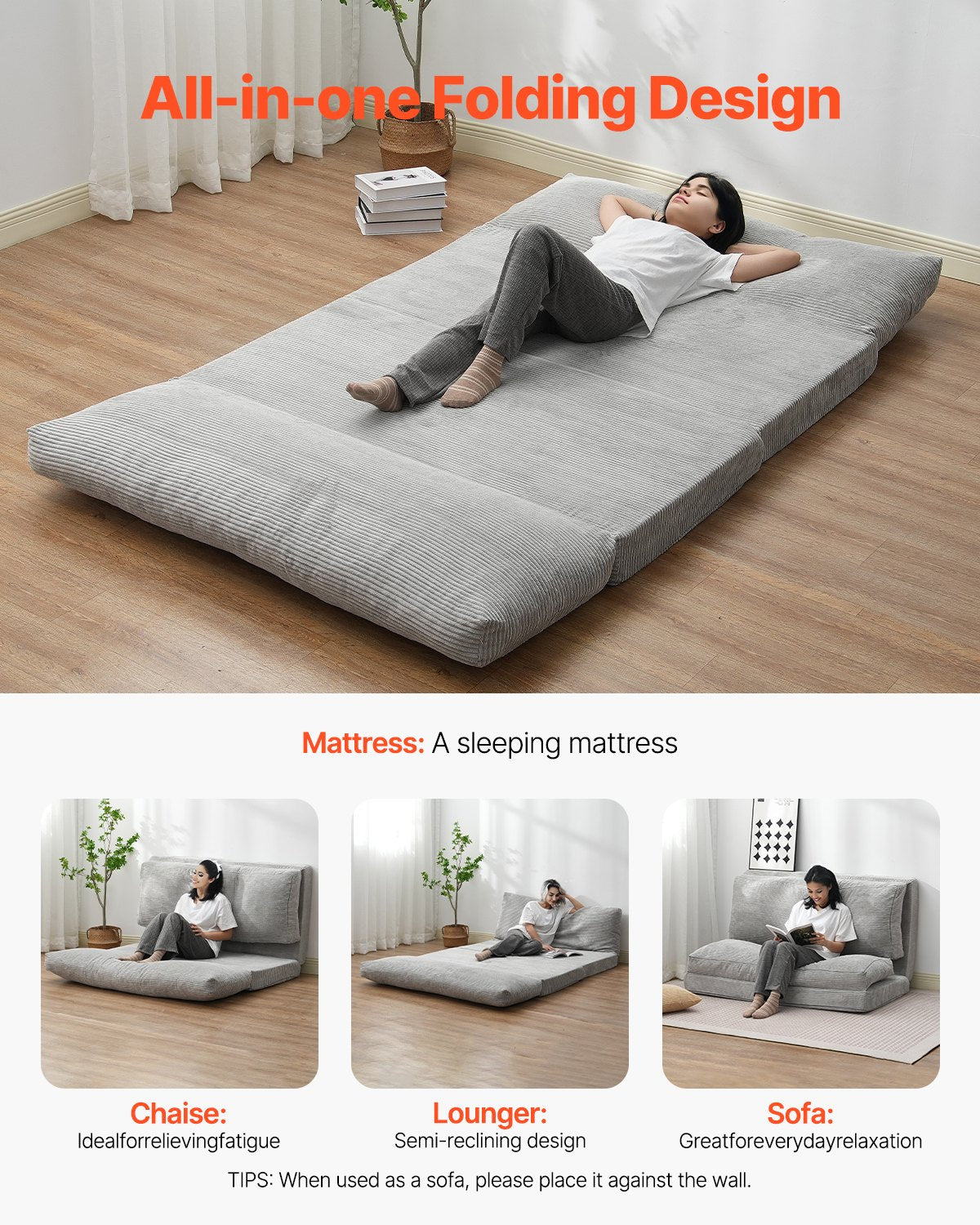 VEVOR Folding Sofa Bed Foldable Couch Bed with Washable Cover Dark Grey (Full) 