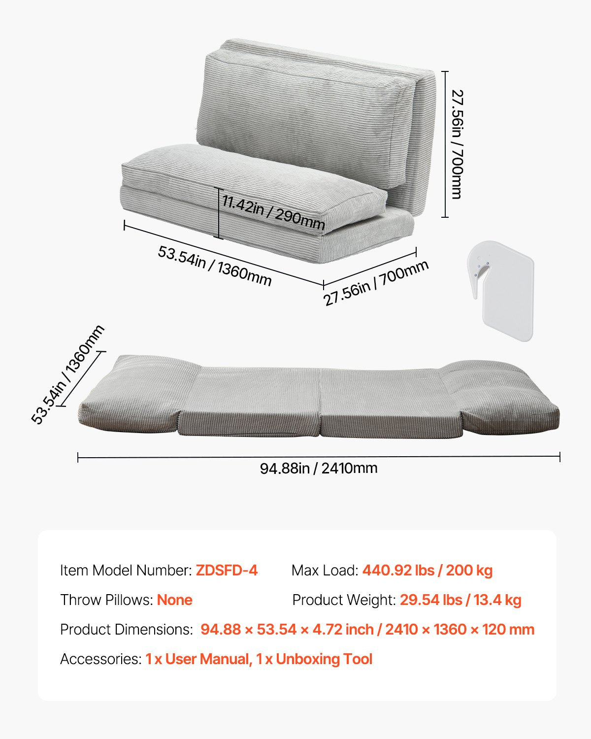 VEVOR Folding Sofa Bed Foldable Couch Bed with Washable Cover Dark Grey (Full) 