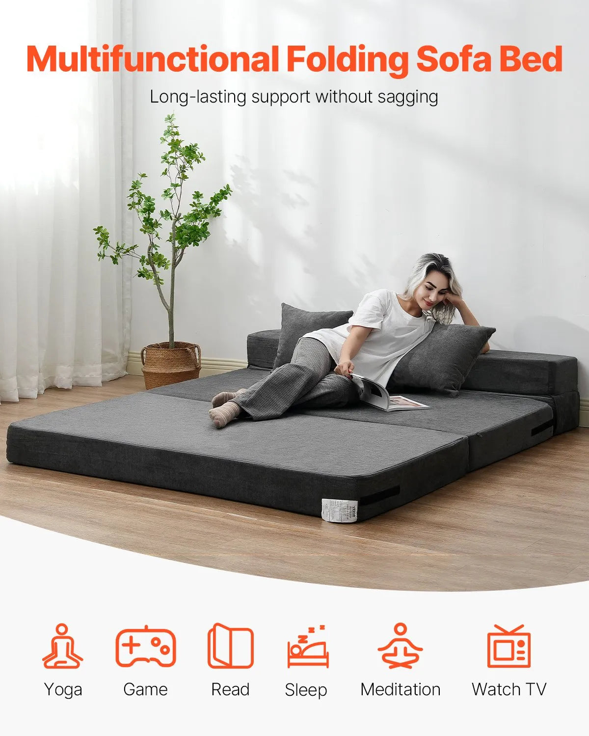 VEVOR Folding Sofa Bed 3-in-1 Foldable Couch Bed with 2 Pillows Dark Grey Queen