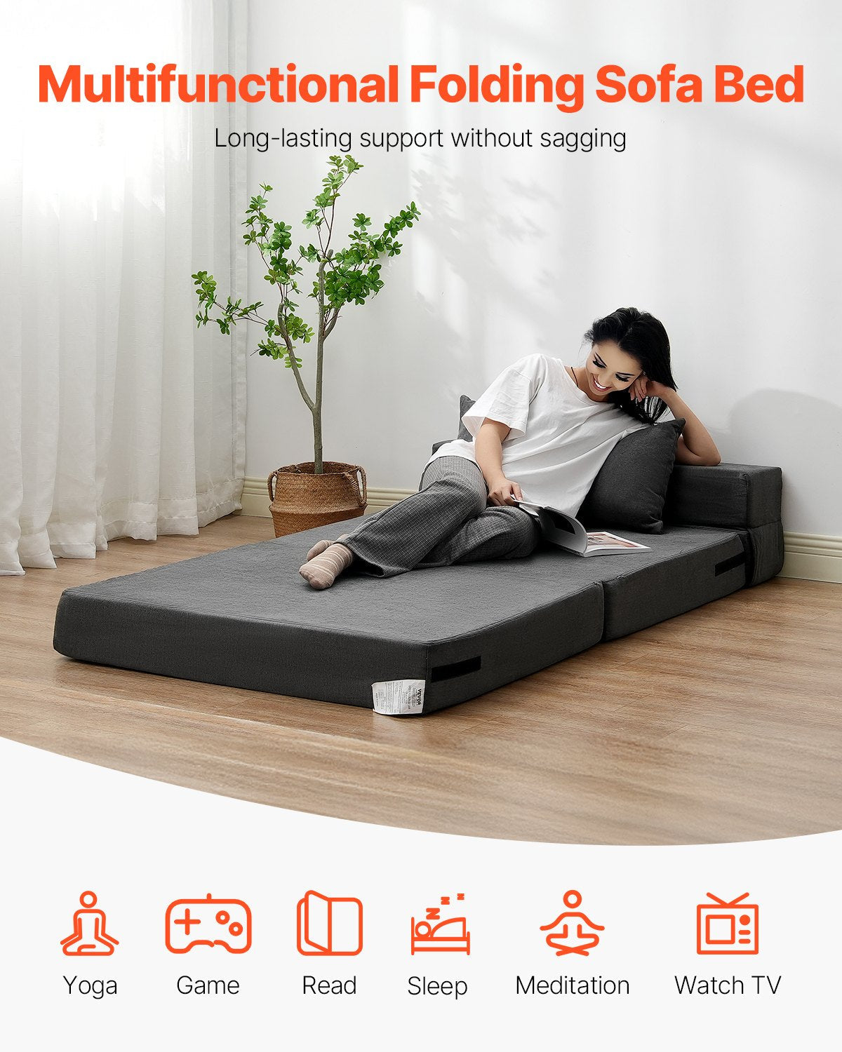 VEVOR Folding Sofa Bed 3-in-1 Foldable Couch Bed with 2 Pillows Dark Grey Twin 