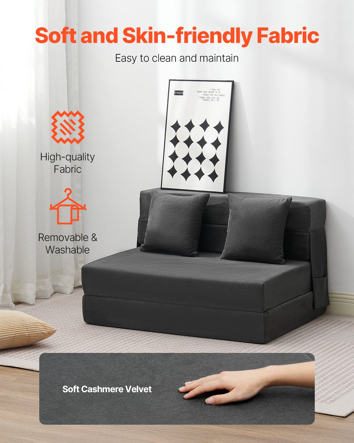 VEVOR Folding Sofa Bed 3-in-1 Foldable Couch Bed with 2 Pillows Dark Grey Twin 