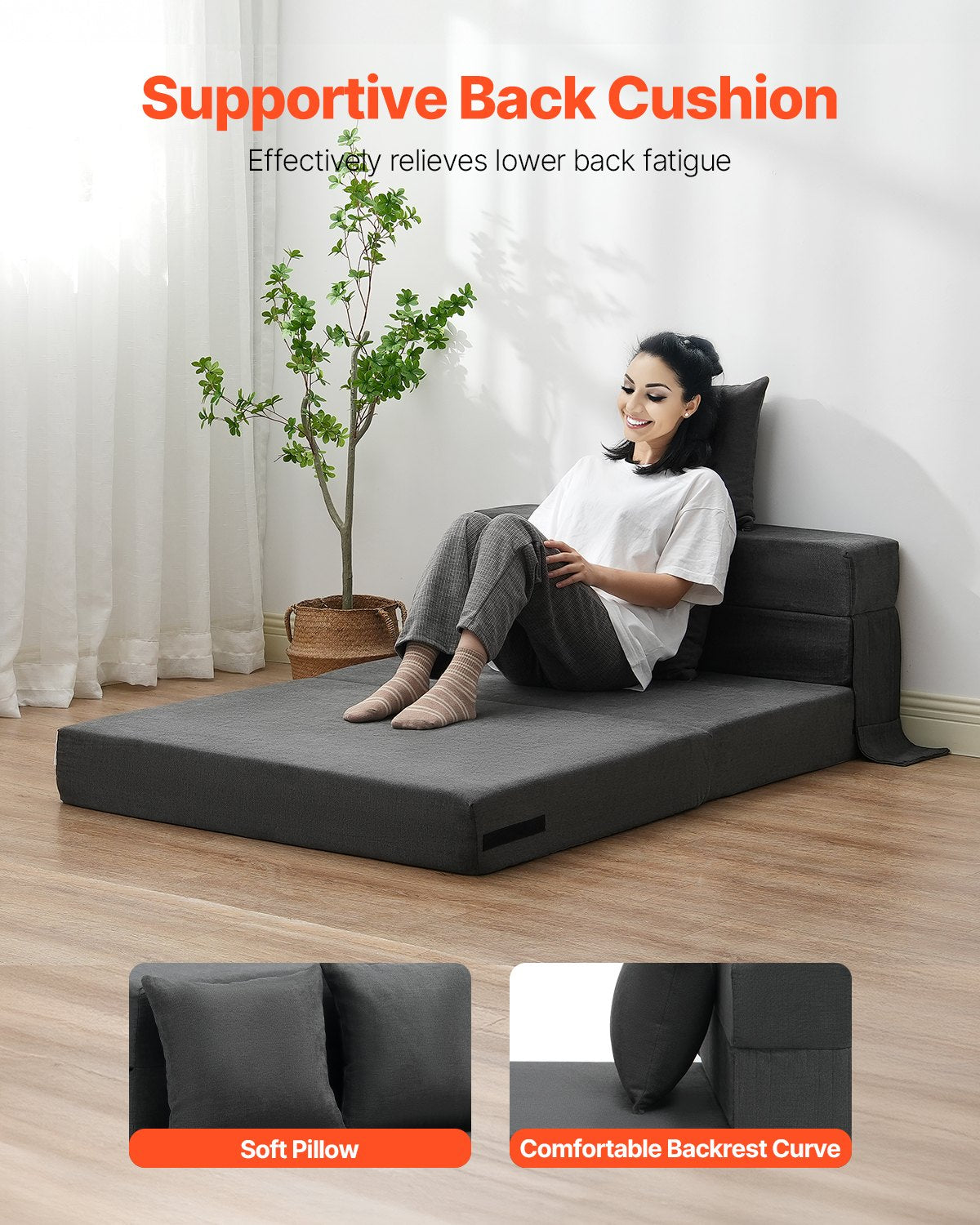 VEVOR Folding Sofa Bed 3-in-1 Foldable Couch Bed with 2 Pillows Dark Grey Twin 