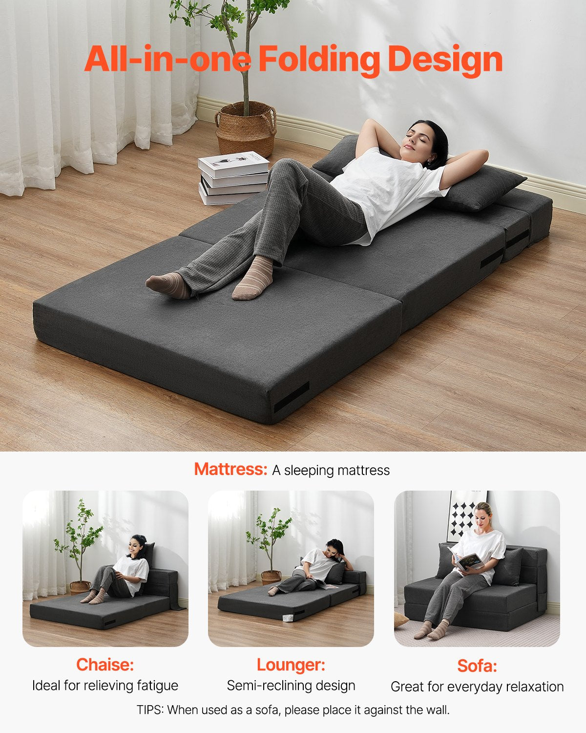 VEVOR Folding Sofa Bed 3-in-1 Foldable Couch Bed with 2 Pillows Dark Grey Twin 