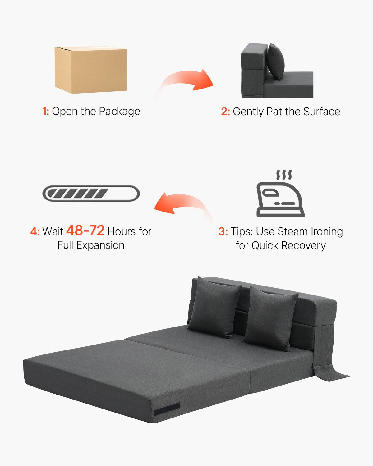 VEVOR Folding Sofa Bed 3-in-1 Foldable Couch Bed with 2 Pillows Dark Grey Twin 