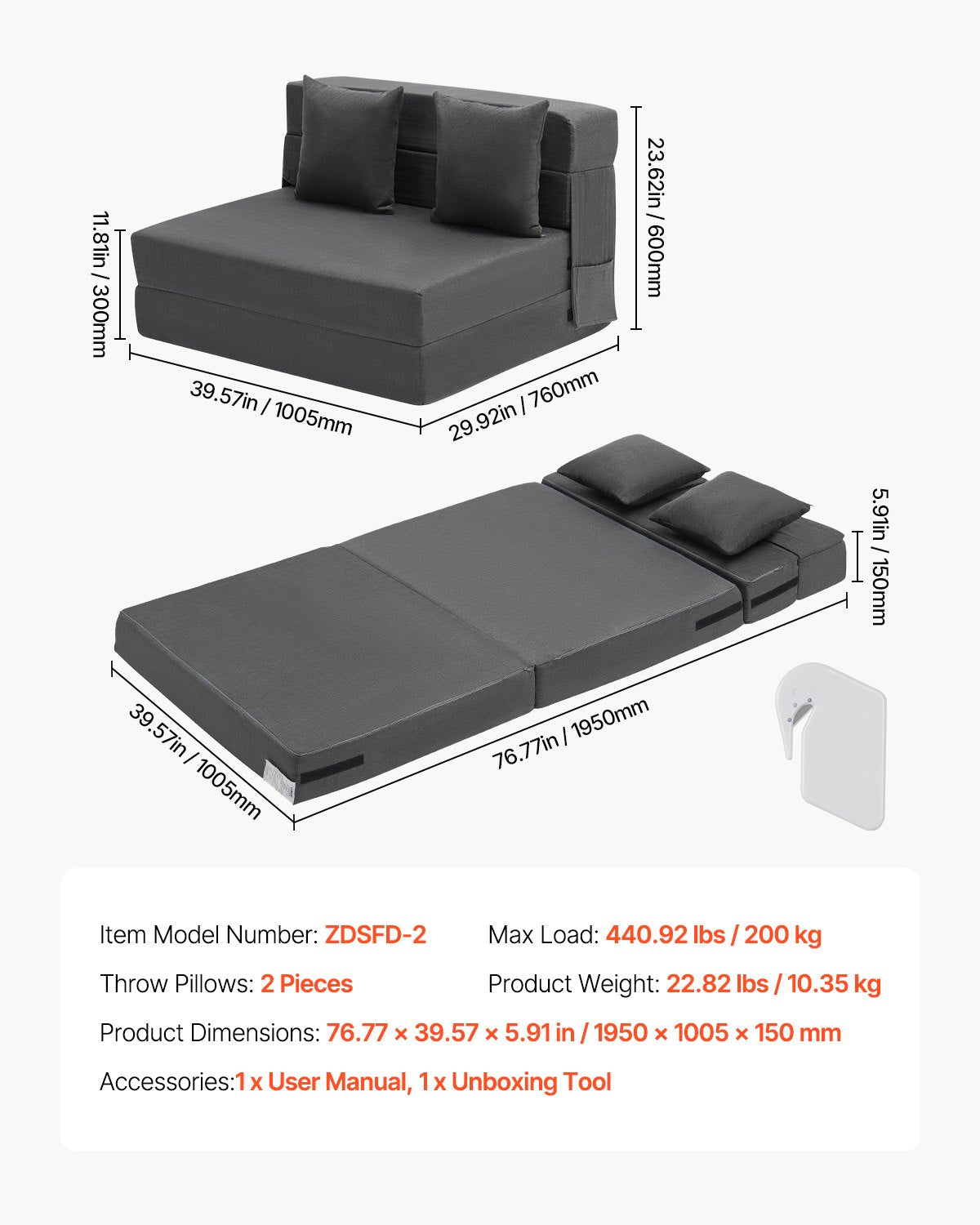 VEVOR Folding Sofa Bed 3-in-1 Foldable Couch Bed with 2 Pillows Dark Grey Twin 