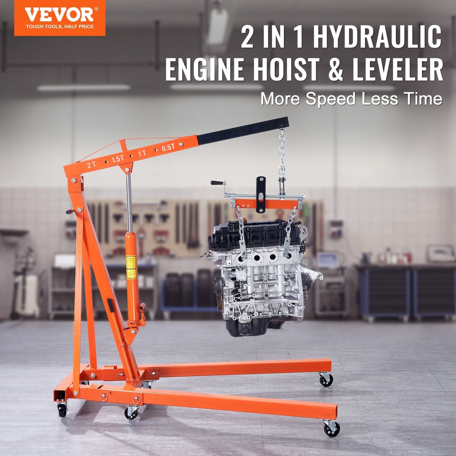 VEVOR Hydraulic Engine Hoist with Lever, 2 Ton/4400 LBS Heavy-duty Cherry Picker Shop Crane, Foldable Engine Crane and Engine Hoist leveler for Auto Repair, Motors, Weights Lifting, Loading 
