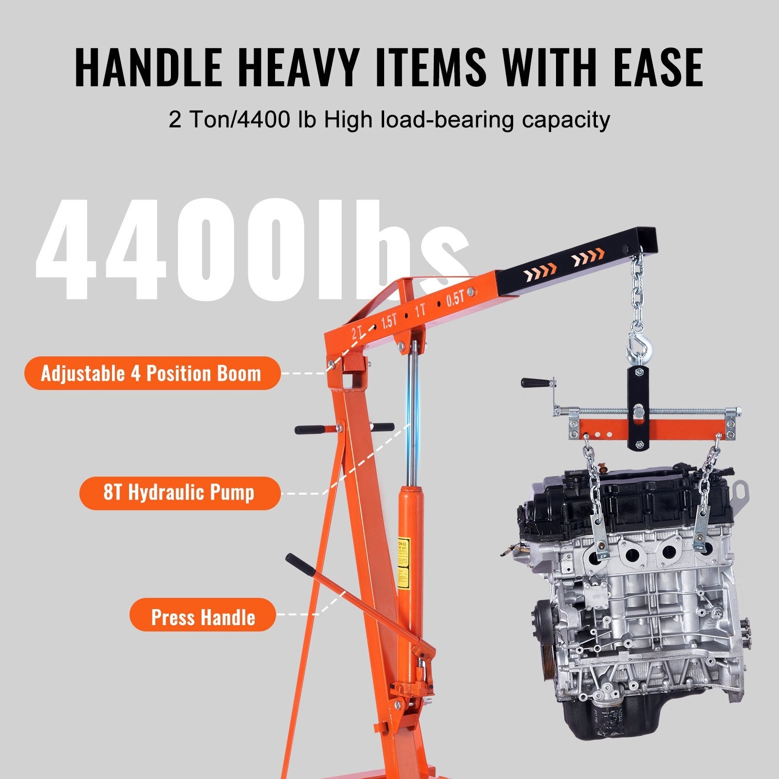 VEVOR Hydraulic Engine Hoist with Lever, 2 Ton/4400 LBS Heavy-duty Cherry Picker Shop Crane, Foldable Engine Crane and Engine Hoist leveler for Auto Repair, Motors, Weights Lifting, Loading 