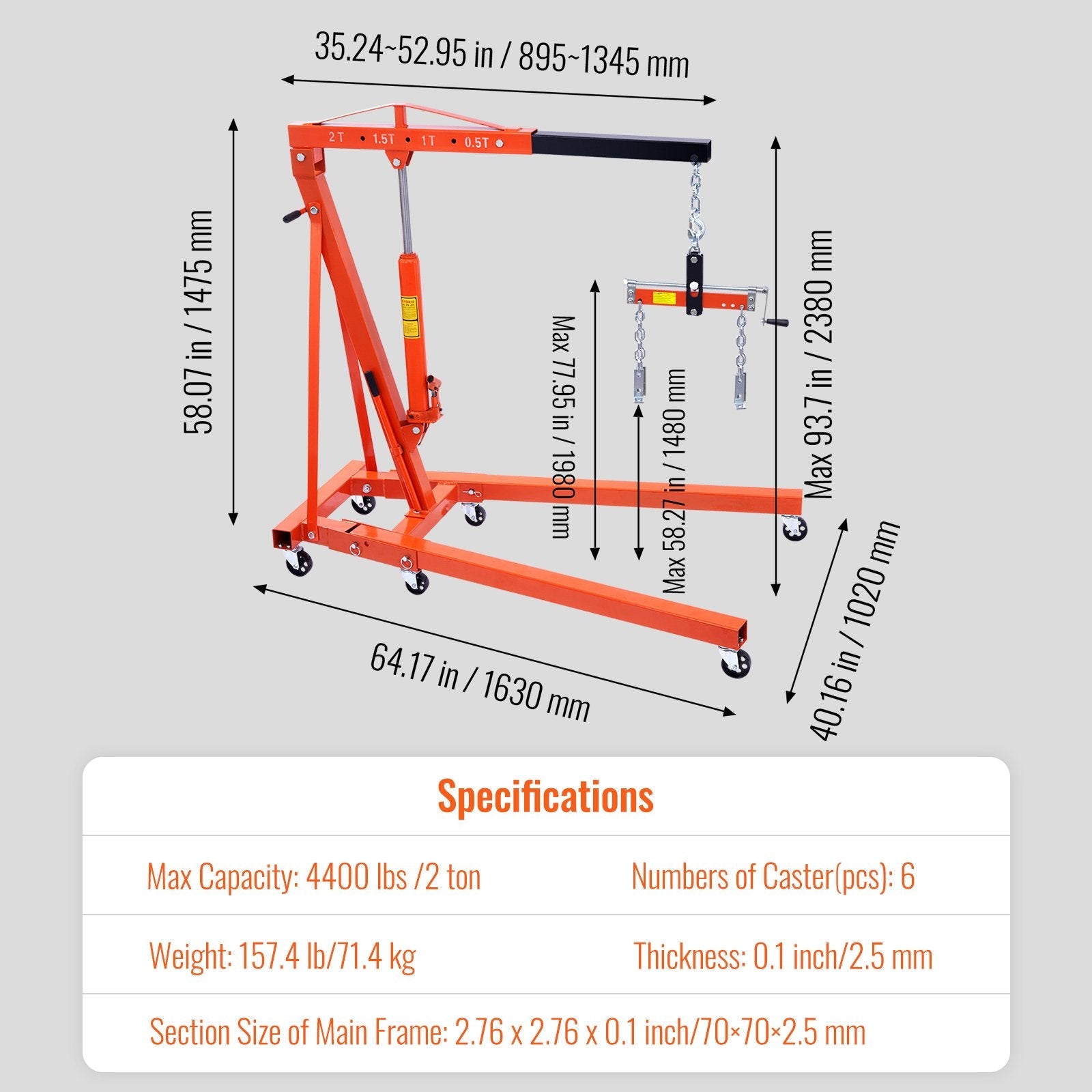 VEVOR Hydraulic Engine Hoist with Lever, 2 Ton/4400 LBS Heavy-duty Cherry Picker Shop Crane, Foldable Engine Crane and Engine Hoist leveler for Auto Repair, Motors, Weights Lifting, Loading 