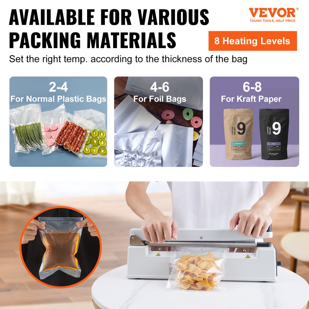VEVOR Impulse Sealer 12 inch, Manual Heat Sealing Machine with Adjustable Heating Mode, Aluminum Shrink Wrap Bag Sealers for Plastic Mylar PE PP Bags, Portable Poly Bag Sealer with Extra Replace Kit 