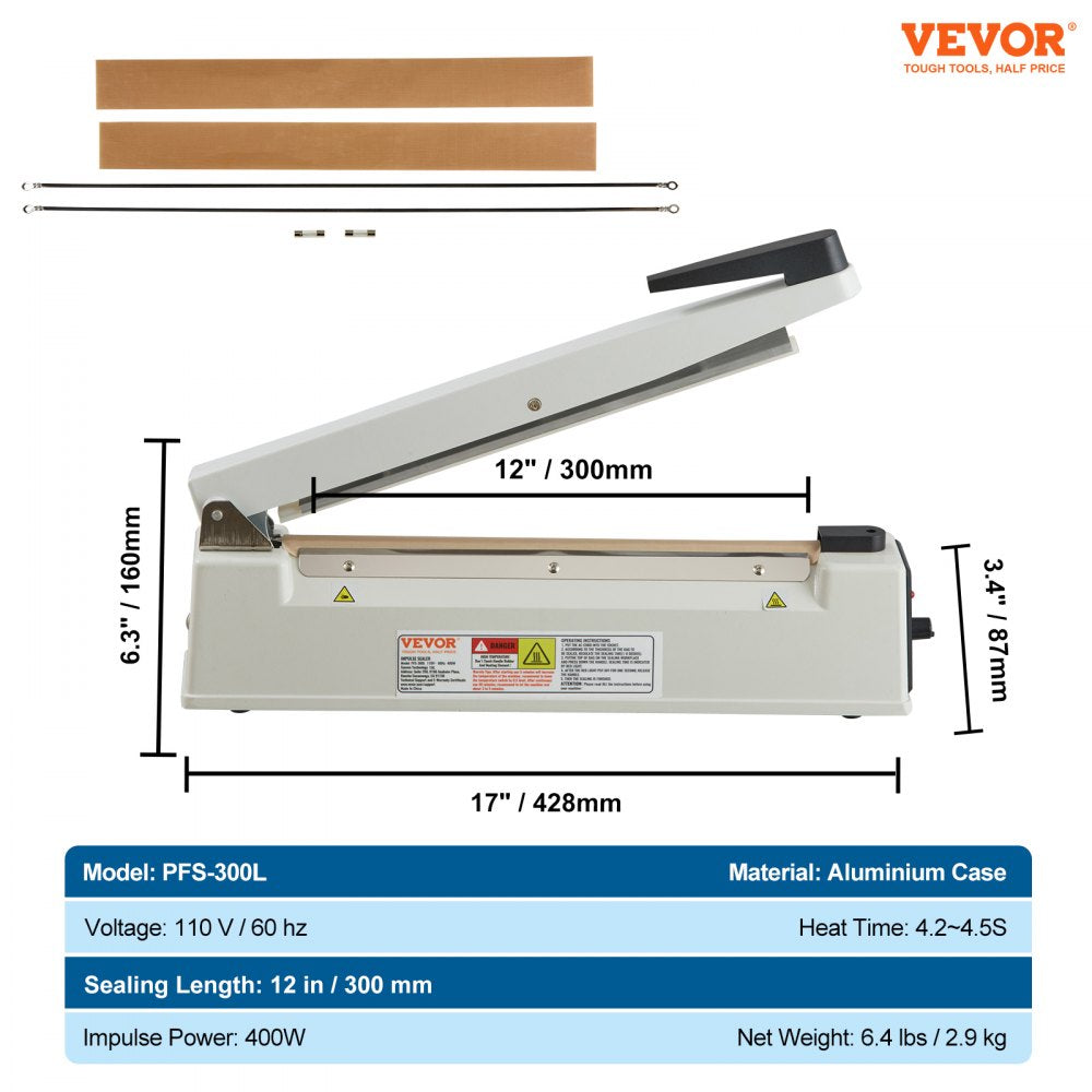 VEVOR Impulse Sealer 12 inch, Manual Heat Sealing Machine with Adjustable Heating Mode, Aluminum Shrink Wrap Bag Sealers for Plastic Mylar PE PP Bags, Portable Poly Bag Sealer with Extra Replace Kit 