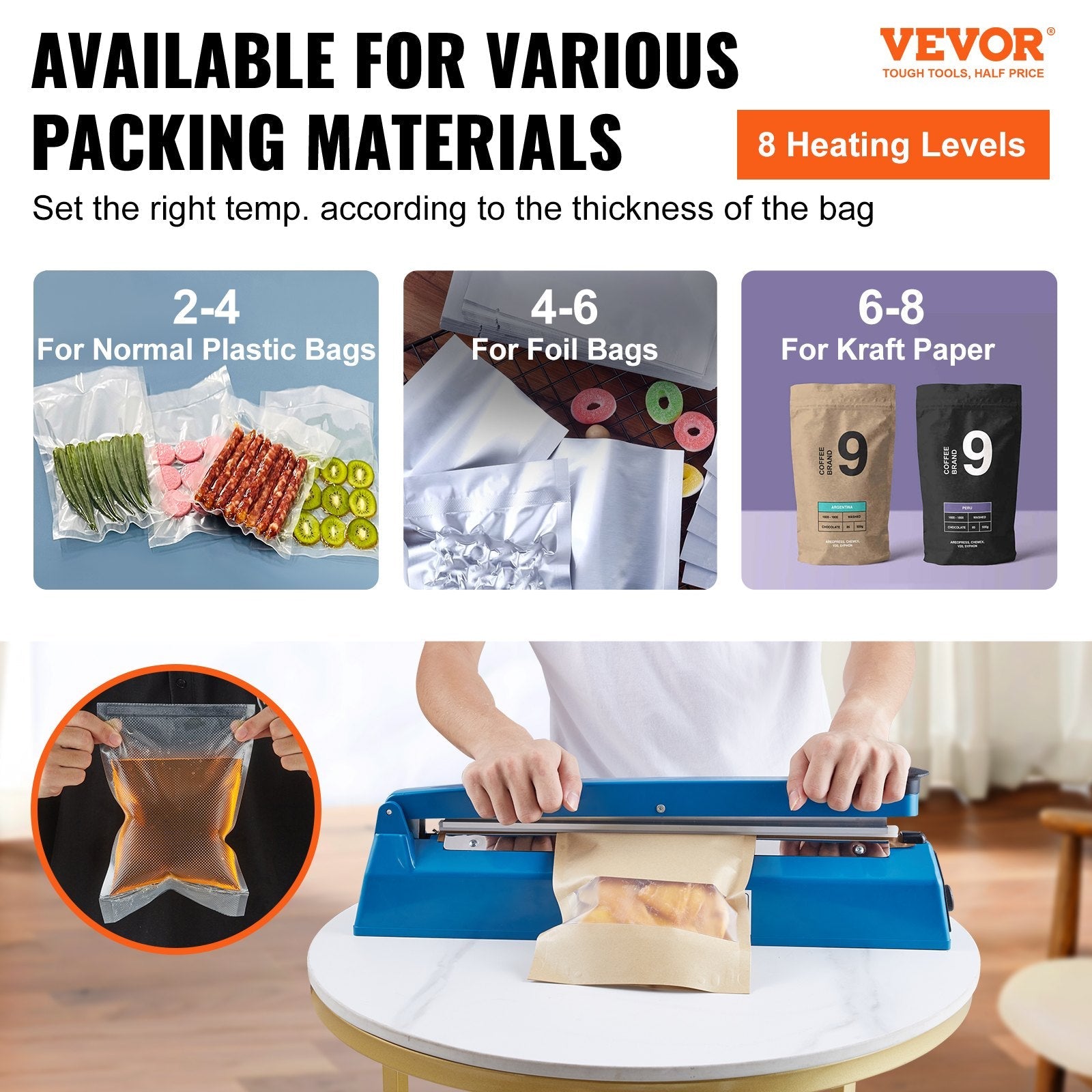 VEVOR Impulse Sealer 16 inch, Manual Heat Seal Machine with Adjustable Heating Mode, ABS Shrink Wrap Bag Sealers for Plastic Mylar PE PP Bags, Portable Poly Bag Sealing Machine with Extra Replace Kit 