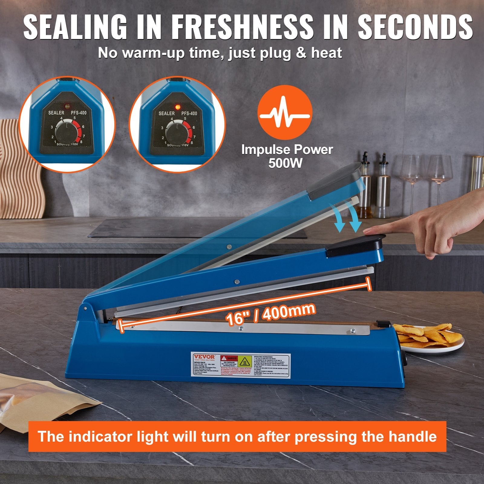 VEVOR Impulse Sealer 16 inch, Manual Heat Seal Machine with Adjustable Heating Mode, ABS Shrink Wrap Bag Sealers for Plastic Mylar PE PP Bags, Portable Poly Bag Sealing Machine with Extra Replace Kit 