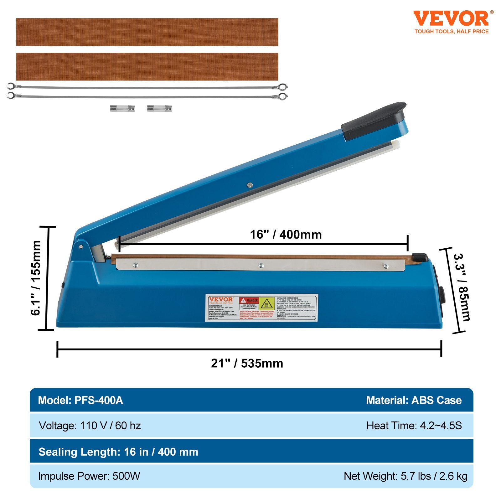 VEVOR Impulse Sealer 16 inch, Manual Heat Seal Machine with Adjustable Heating Mode, ABS Shrink Wrap Bag Sealers for Plastic Mylar PE PP Bags, Portable Poly Bag Sealing Machine with Extra Replace Kit 