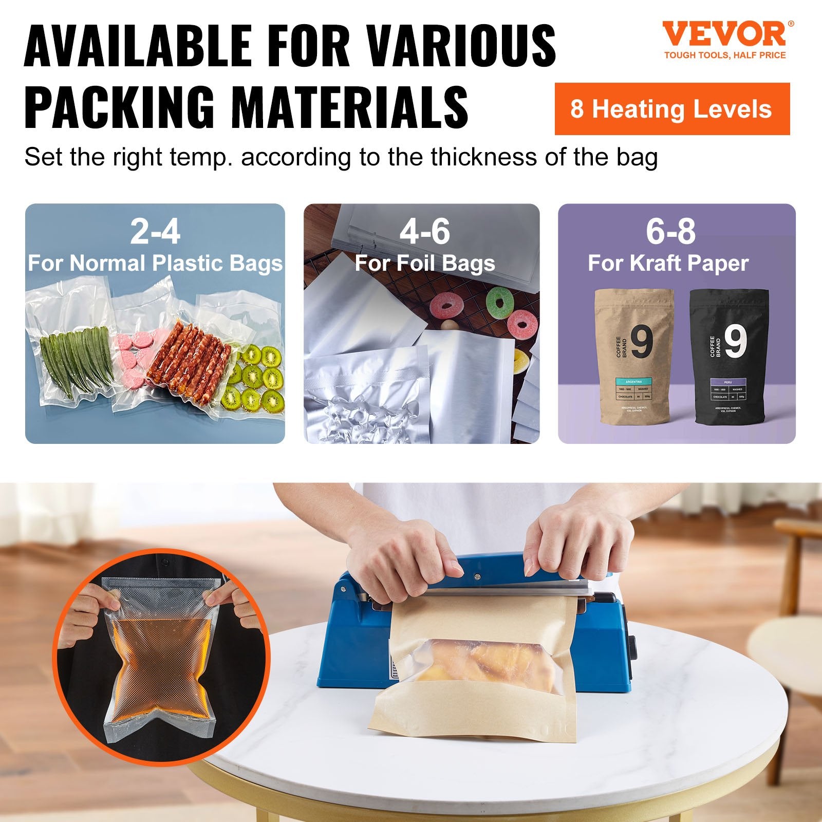 VEVOR Impulse Sealer 8 inch, Manual Heat Seal Machine with Adjustable Heating Mode, ABS Shrink Wrap Bag Sealers for Plastic Mylar PE PP Bags, Portable Poly Bag Sealing Machine with Extra Replace Kit 