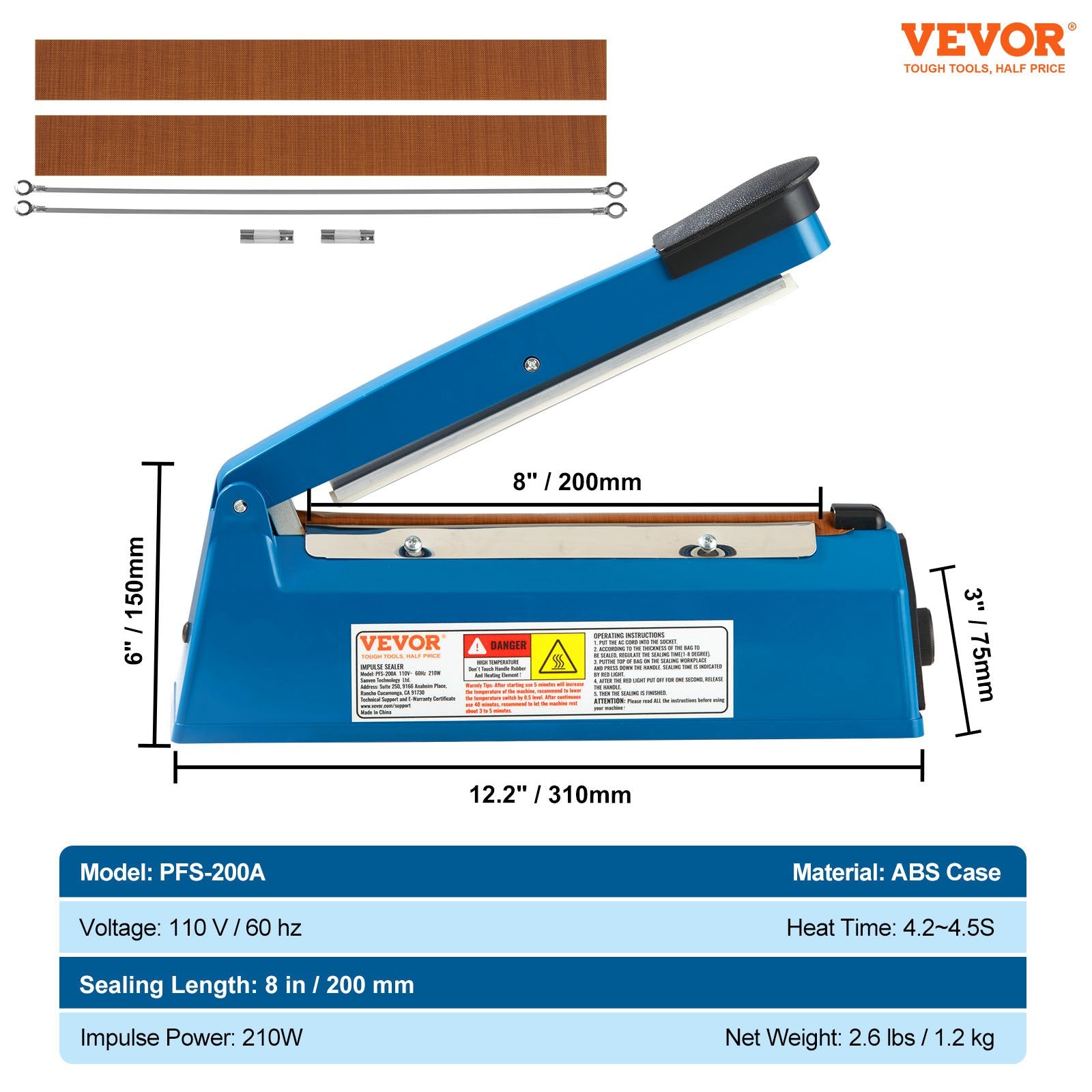 VEVOR Impulse Sealer 8 inch, Manual Heat Seal Machine with Adjustable Heating Mode, ABS Shrink Wrap Bag Sealers for Plastic Mylar PE PP Bags, Portable Poly Bag Sealing Machine with Extra Replace Kit 